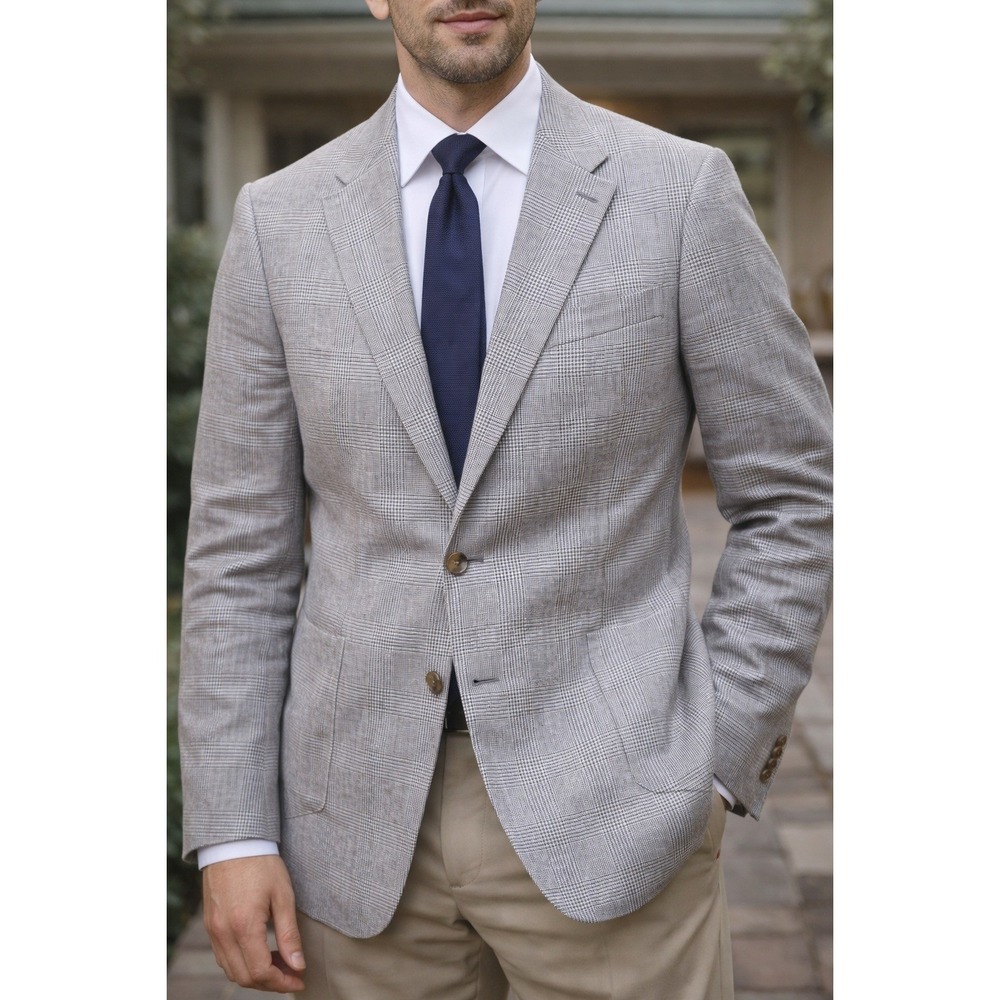 Biltmore Mens 50R Grey Glen Plaid 100% Linen Unstructured Sport Coat Blazer